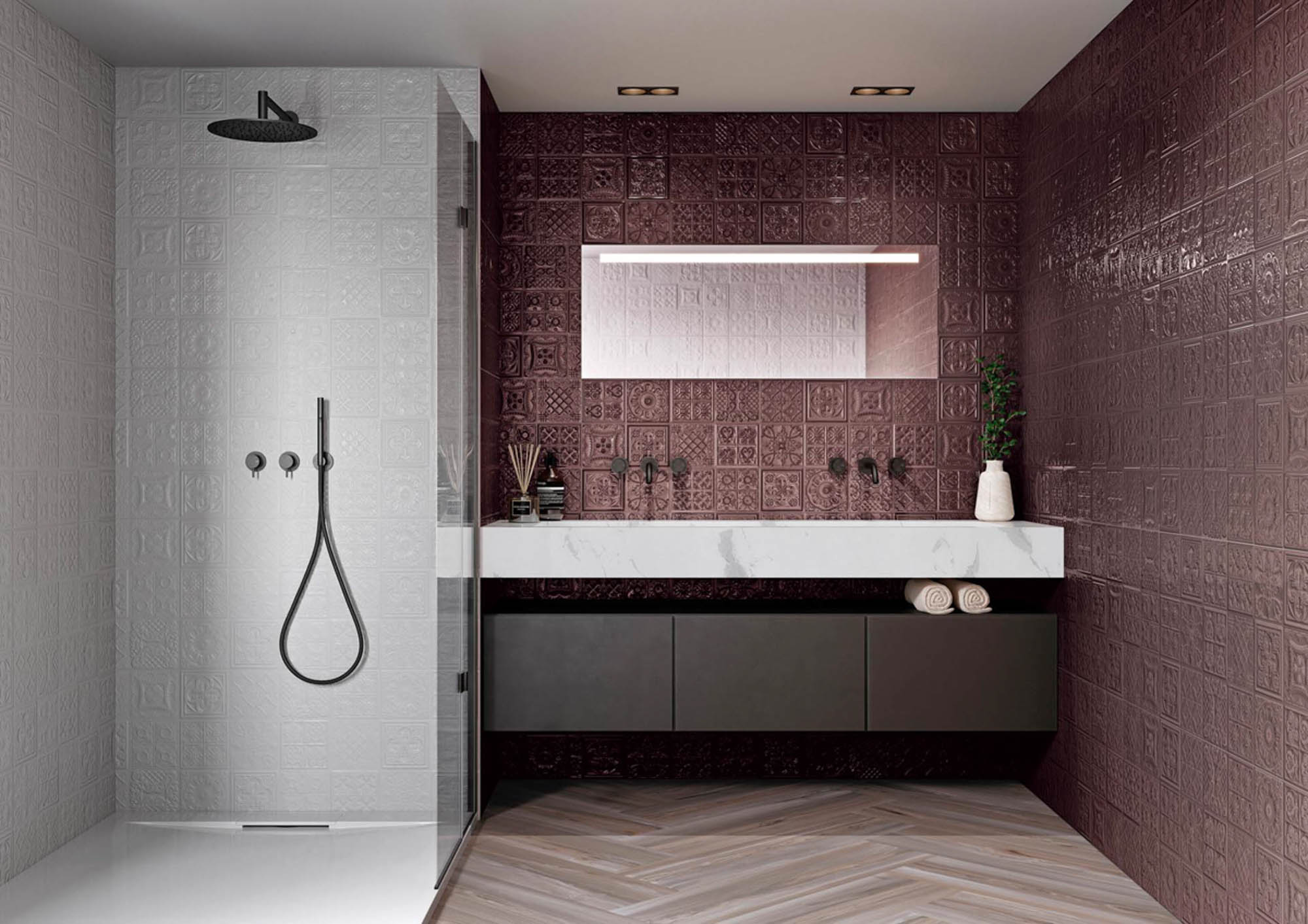 Obklad bordovo fialový lesklý reliéfny s ornamentálnym dekorom 45x120cm PALADIO Titanium Decor – Obrázok 3